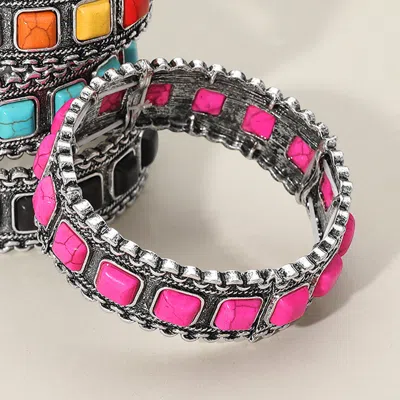 Fashnzfab Antique Metal Western Natural Stone Pointed Stretch Bracelet Pink, Silver Burnished In Multi