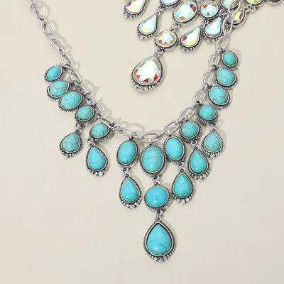 Fashnzfab Antique Metal Western Stone Chandelier Necklace In Blue