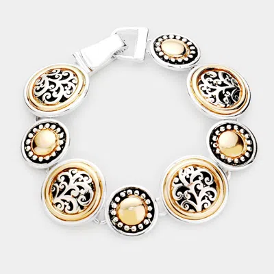 Fashnzfab Antique Pattern Embossed Metal Magnetic Link Bracelet - Antique Silver, Tan In Gold