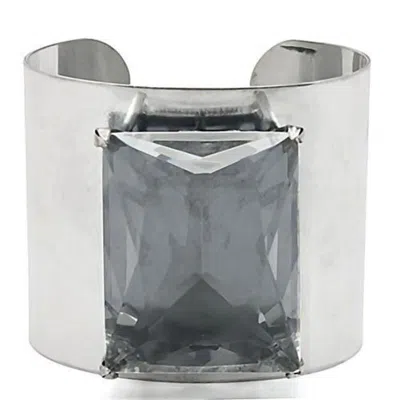 Fashnzfab Antique Silver Brass Bangle With Synthetic Synthetic Glass In Clear In Metallic