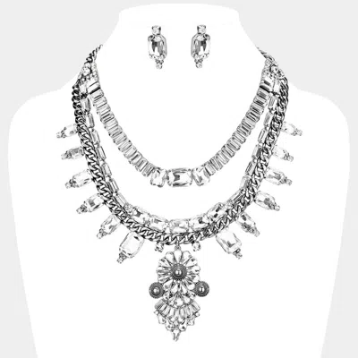 Fashnzfab Antique Stone Embellished Flower Statement Necklace In Silver