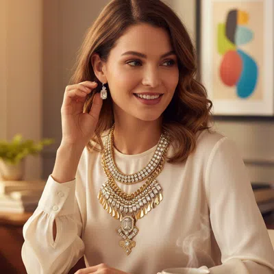 Fashnzfab Antique Stone Embellished Statement Necklace In Red