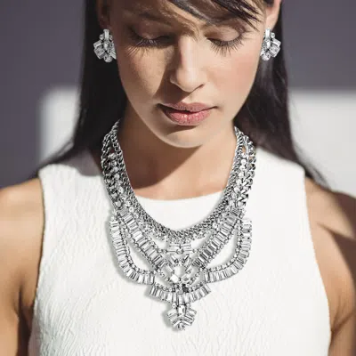 Fashnzfab Antique Stone Embellished Statement Necklace In Silver