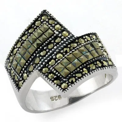 Fashnzfab Antique Tone 925 Sterling Silver Ring With Semi-precious Marcasite In Jet In Brown