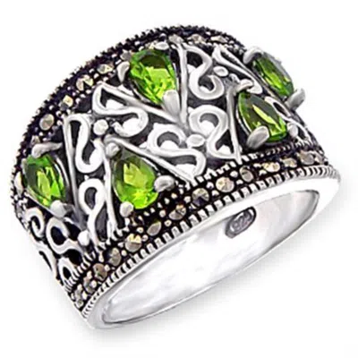 Fashnzfab Antique Tone 925 Sterling Silver Ring With Synthetic Spinel In Peridot In Metallic
