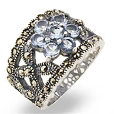 Fashnzfab Antique Tone 925 Sterling Silver Ring With Synthetic Spinel In Sea Blue In Metallic