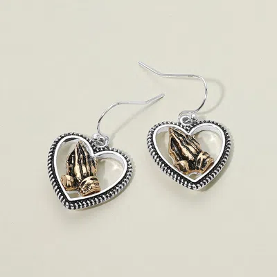 Fashnzfab Antique Two Tone Metal Praying Hand Heart Dangle Earrings In Metallic