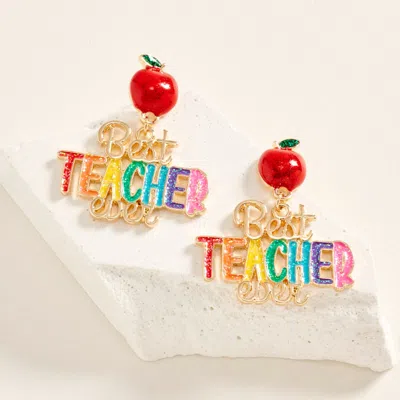 Fashnzfab Apple Best Teacher Ever Message Charm Drop Earrings In Neutral