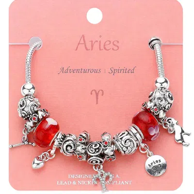 Fashnzfab Aries - Multi-beads Zodiac Sign Charm Bracelet Red In Silver