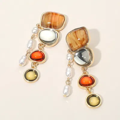 Fashnzfab Artistic Statement Design Colorful Stone Pearl Drop Earrings In Brown