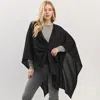 Fashnzfab Asymmetrical Hem Solid Pull Through Draped Tie-front Wrap Poncho In Black