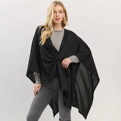 Fashnzfab Asymmetrical Hem Solid Pull Through Draped Tie-front Wrap Poncho In Black
