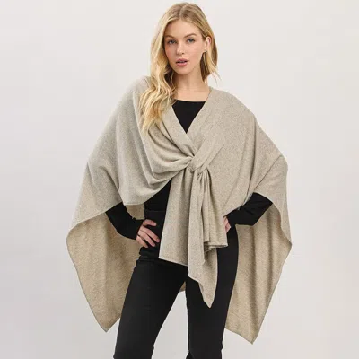 Fashnzfab Asymmetrical Hem Solid Pull Through Draped Tie-front Wrap Poncho In Neutral