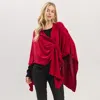 Fashnzfab Asymmetrical Hem Solid Pull Through Draped Tie-front Wrap Poncho In Red