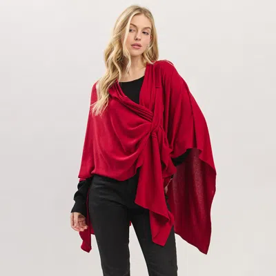 Fashnzfab Asymmetrical Hem Solid Pull Through Draped Tie-front Wrap Poncho In Red