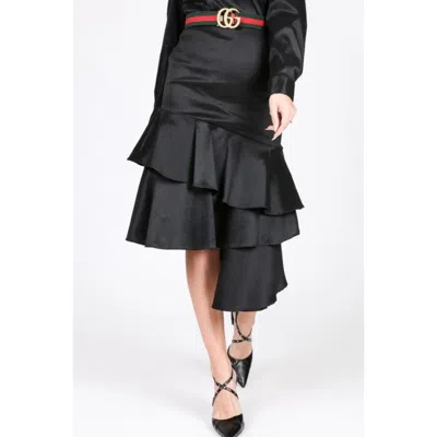 Fashnzfab Asymmetrical Ruffle Bottom Satin Skirt In Black