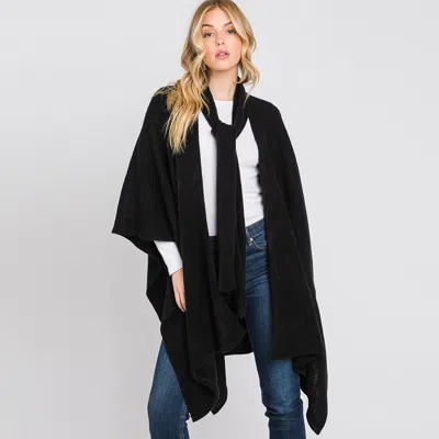 Fashnzfab Attached Scarf Solid Cape Poncho With Neckline Tie In Black