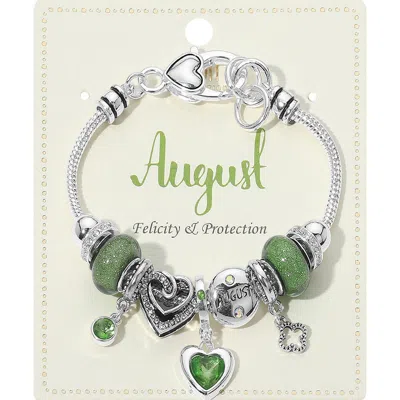 Fashnzfab August - Birthstone Heart Charm Multi Beaded Bracelet Green