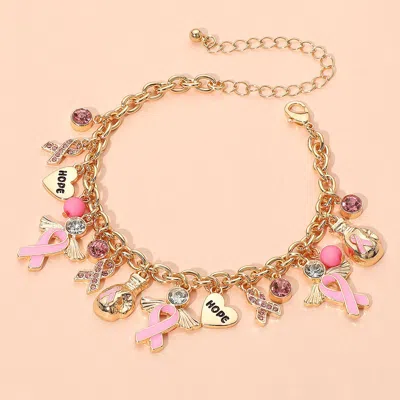 Fashnzfab Awareness Pink Ribbon Inspirational Heart Message Charm Station Bracelet Gold, Multi