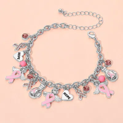Fashnzfab Awareness Pink Ribbon Inspirational Heart Message Charm Station Bracelet Multi, Silver