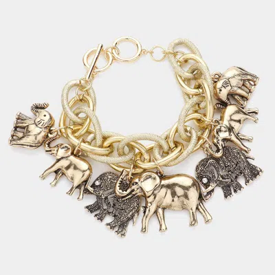 Fashnzfab Aztec Elephant Multi Charm Toggle Bracelet Antique Gold In Silver
