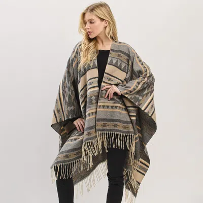 Fashnzfab Aztec Pattern Fringe Ruana Poncho In Black