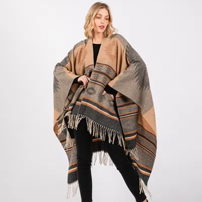 Fashnzfab Aztec Pattern Fringe Ruana Poncho In Brown