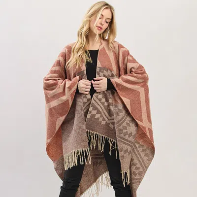 Fashnzfab Aztec Pattern Fringe Ruana Poncho In Brown
