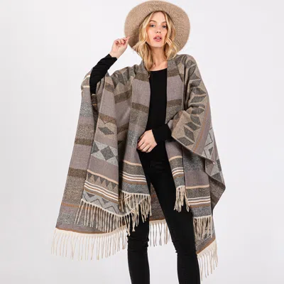 Fashnzfab Aztec Pattern Fringe Ruana Poncho In Gray
