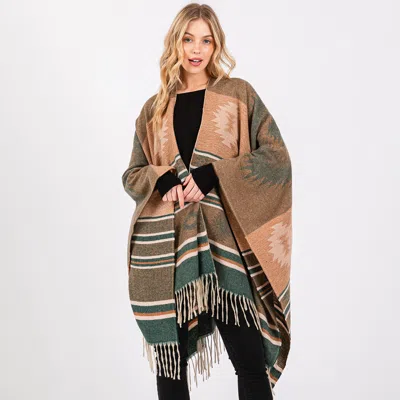 Fashnzfab Aztec Pattern Fringe Ruana Poncho In Green