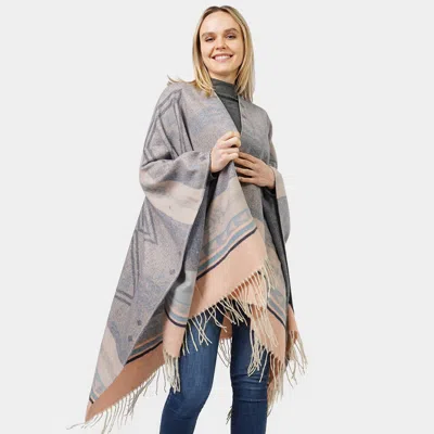 Fashnzfab Aztec Patterned Cape Poncho In Gray