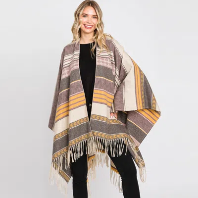 Fashnzfab Aztec Patterned Fringe Ruana Poncho In Purple