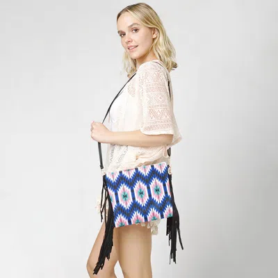 Fashnzfab Aztec Print Tassel Wristlet Clutch Blue Crossbody Bag In White