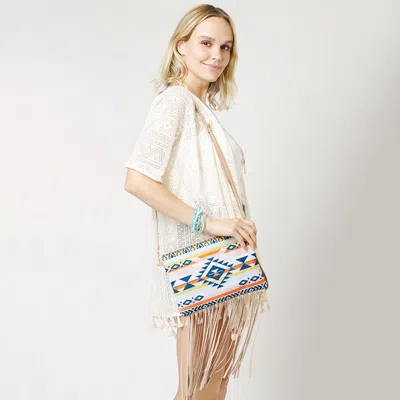 Fashnzfab Aztec Print Tassel Wristlet Clutch / Crossbody Bag In Blue
