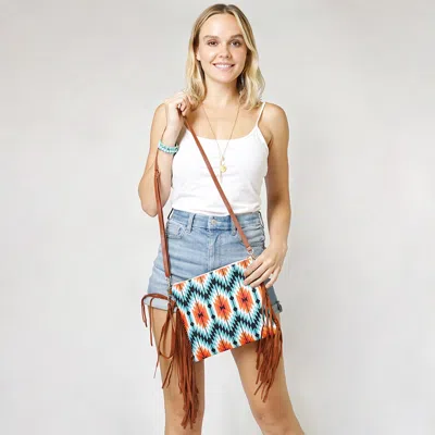 Fashnzfab Aztec Print Tassel Wristlet Clutch Torquoise In Blue