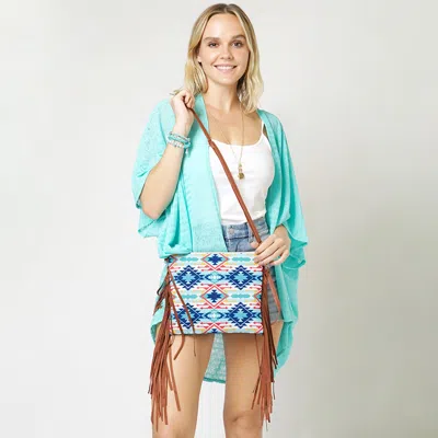 Fashnzfab Aztec Print Tassel Wristlet Clutch Torquoise Crossbody Bag In Blue