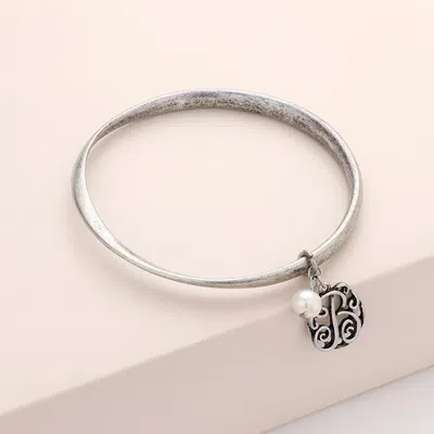 Fashnzfab -b- Initial Initial Monogram Pearl Charm Bangle Bracelet Silver Burnished