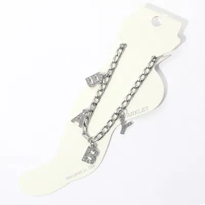 Fashnzfab Baby Rhinestone Embellished Charm Message Anklet In Silver
