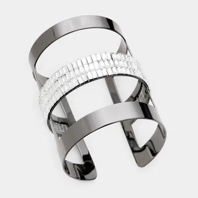 Fashnzfab Baguette Cut Statement Split Layer Cage Cuff Bracelet Clear, Hematite In Silver