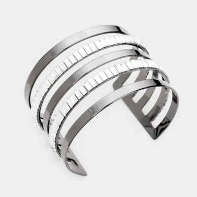 Fashnzfab Baguette Cut Statement Split Layer Cuff Bracelet Hematite In Silver