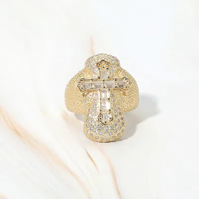 Fashnzfab Baguette Cz Cross Accent Pave Statement Ring In Gold