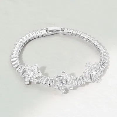 Fashnzfab Baguette Cz Floral Link Evening Bracelet In Silver