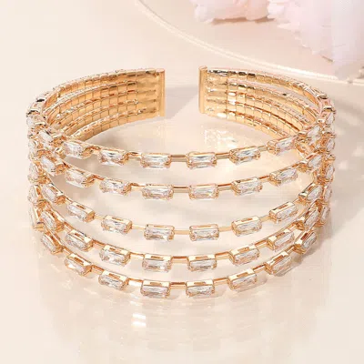 Fashnzfab Baguette Cz Stone Cluster Multi Row Split Evening Cuff Bracelet Clear, Gold