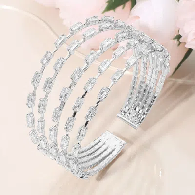 Fashnzfab Baguette Cz Stone Cluster Multi Row Split Evening Cuff Bracelet Clear, Silver