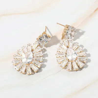 Fashnzfab Baguette Stone Rim Teardrop Cz Stone Cluster Dangle Evening Earrings In Gold