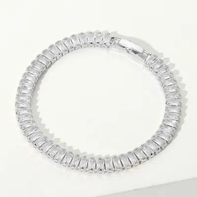 Fashnzfab Baguette Cz Stone Tennis Chain Evening Bracelet Clear, Silver In Metallic