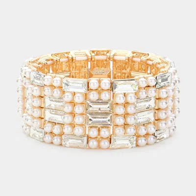 Fashnzfab Baguette Glass Stone Pointed Pearl Embellished Stretch Bracelet Clear, Gold In Multi