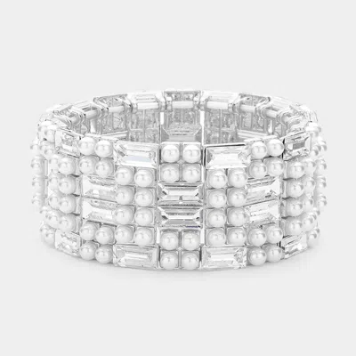 Fashnzfab Baguette Glass Stone Pointed Pearl Embellished Stretch Bracelet Clear, Silver In Multi