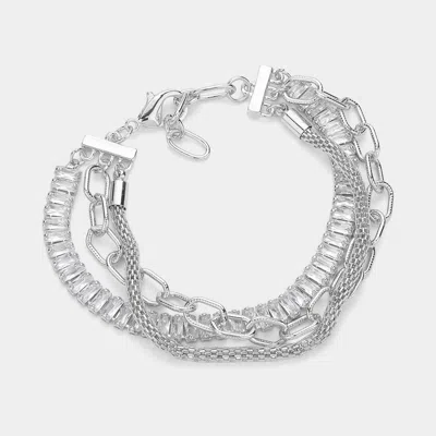 Fashnzfab Baguette Stone Cluster Link Metal Mesh Chain Layered Bracelet Rhodium In Multi