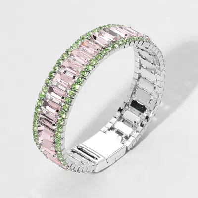 Fashnzfab Baguette Stone Cluster Magnetic Evening Bracelet Pink, Pink & Green In Silver